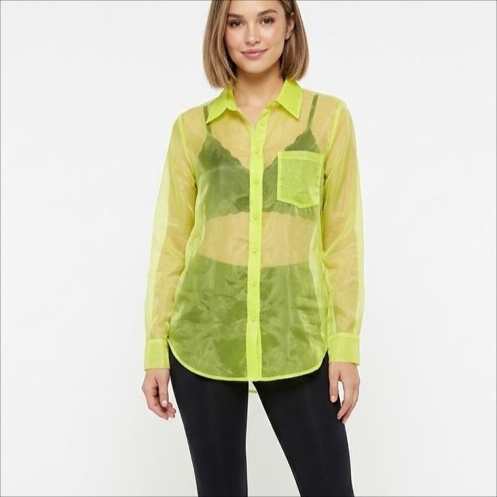 Nicole Miller Sheer Neon Green Button Down Shirt Size XS